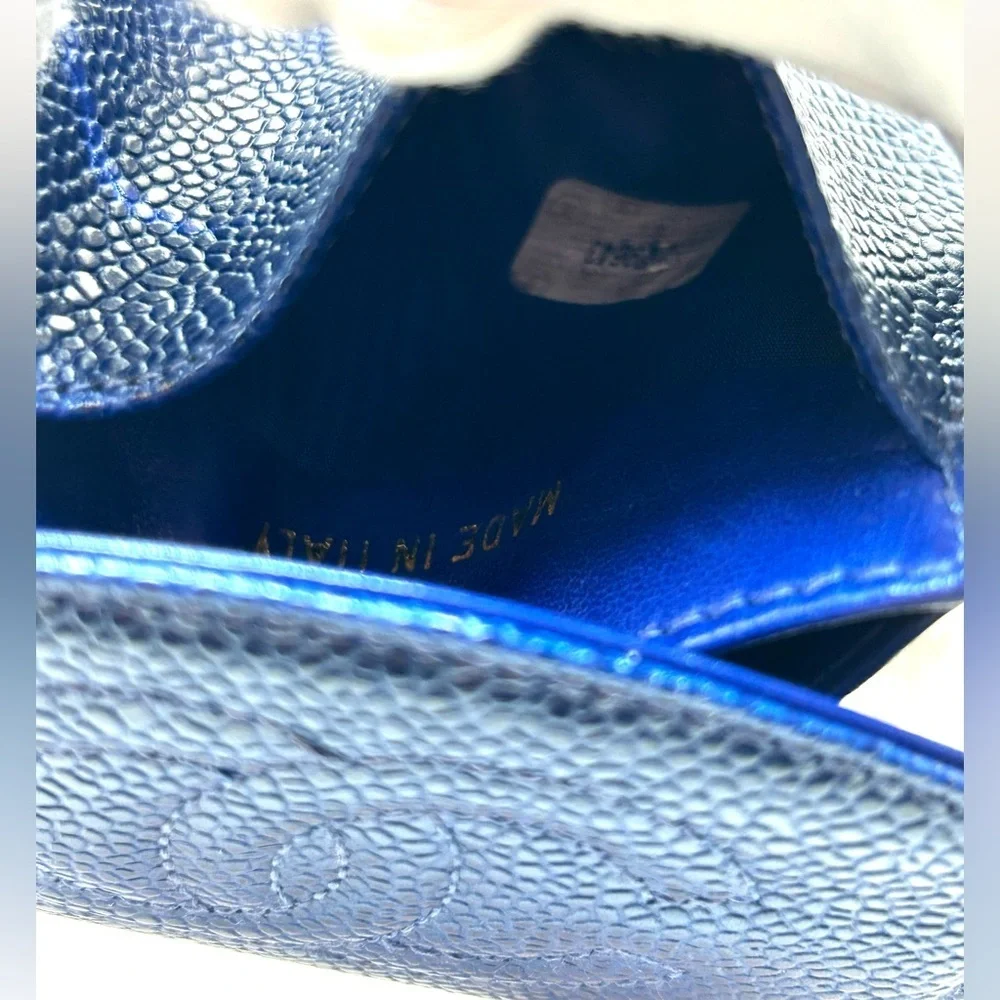 Chanel Blue Cavier Leather Card Wallet with Quilted Logo